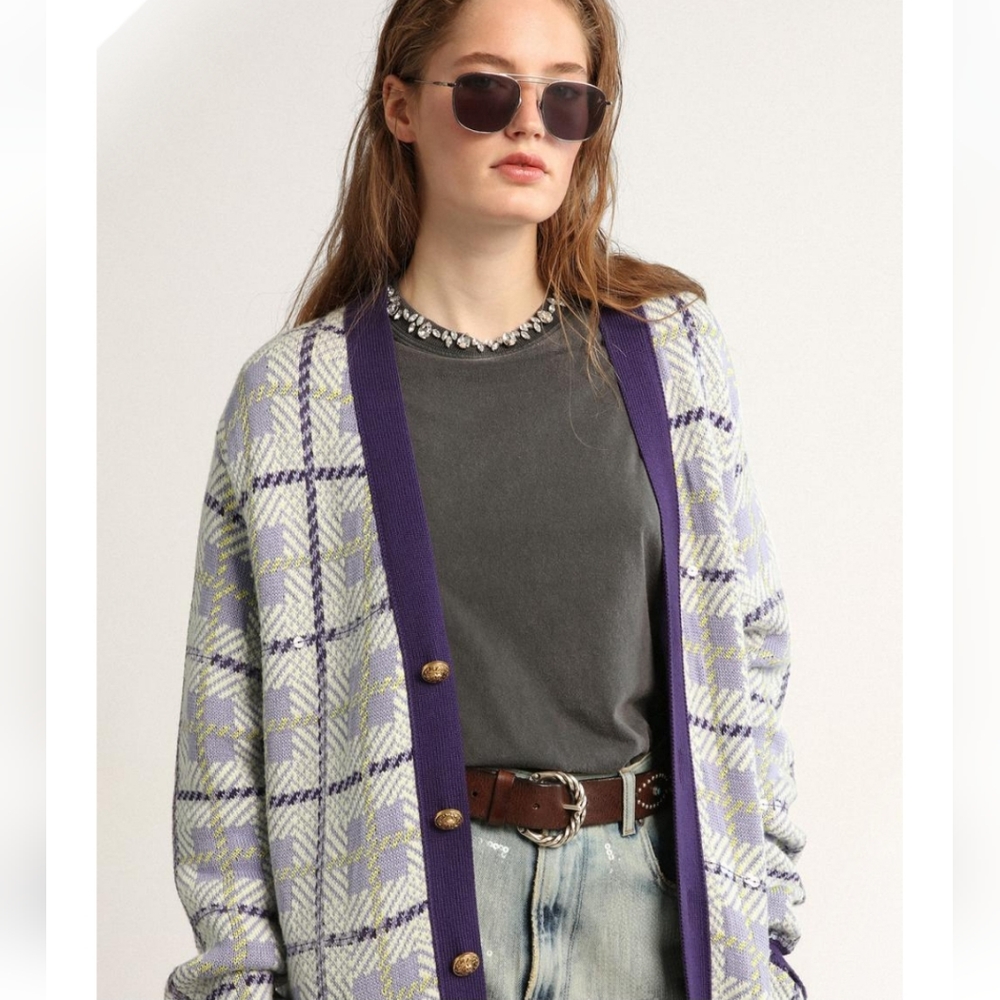 Golden Goose Sequin Embellished Plaid Wool Blend Cardigan Multicolor - Picture 2 of 13